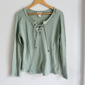 Sundance Waffle Knit Lace Up Top Women's Large Green Cotton